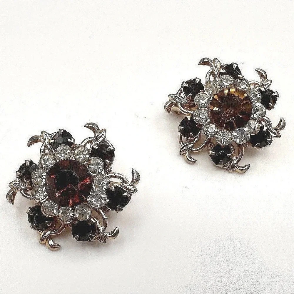 Vintage‎ 90s Gold Tone Floral Pin Brooch Set Amber & Rhinestone Women's Jewelry